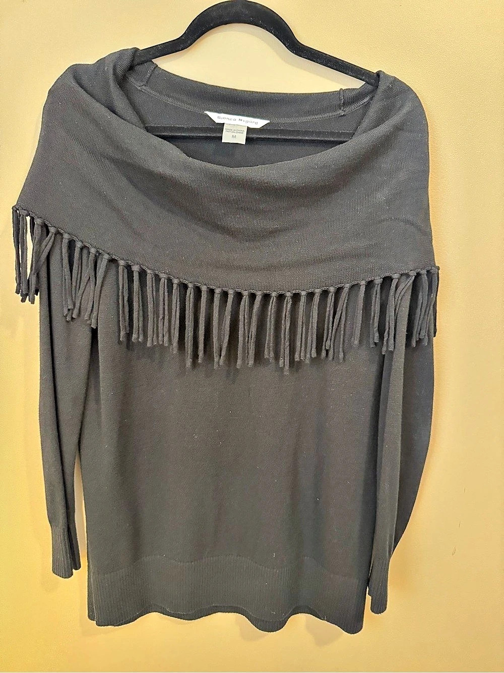 BIANCA NYGARD Women's Fringe Cowl Neck Sweater Black Boho Western MEDIUM M